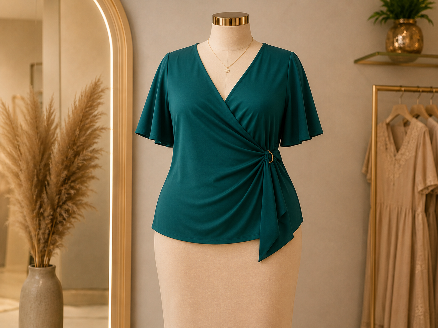 Blusa plus size feminina verde exibida por inteiro em manequim
