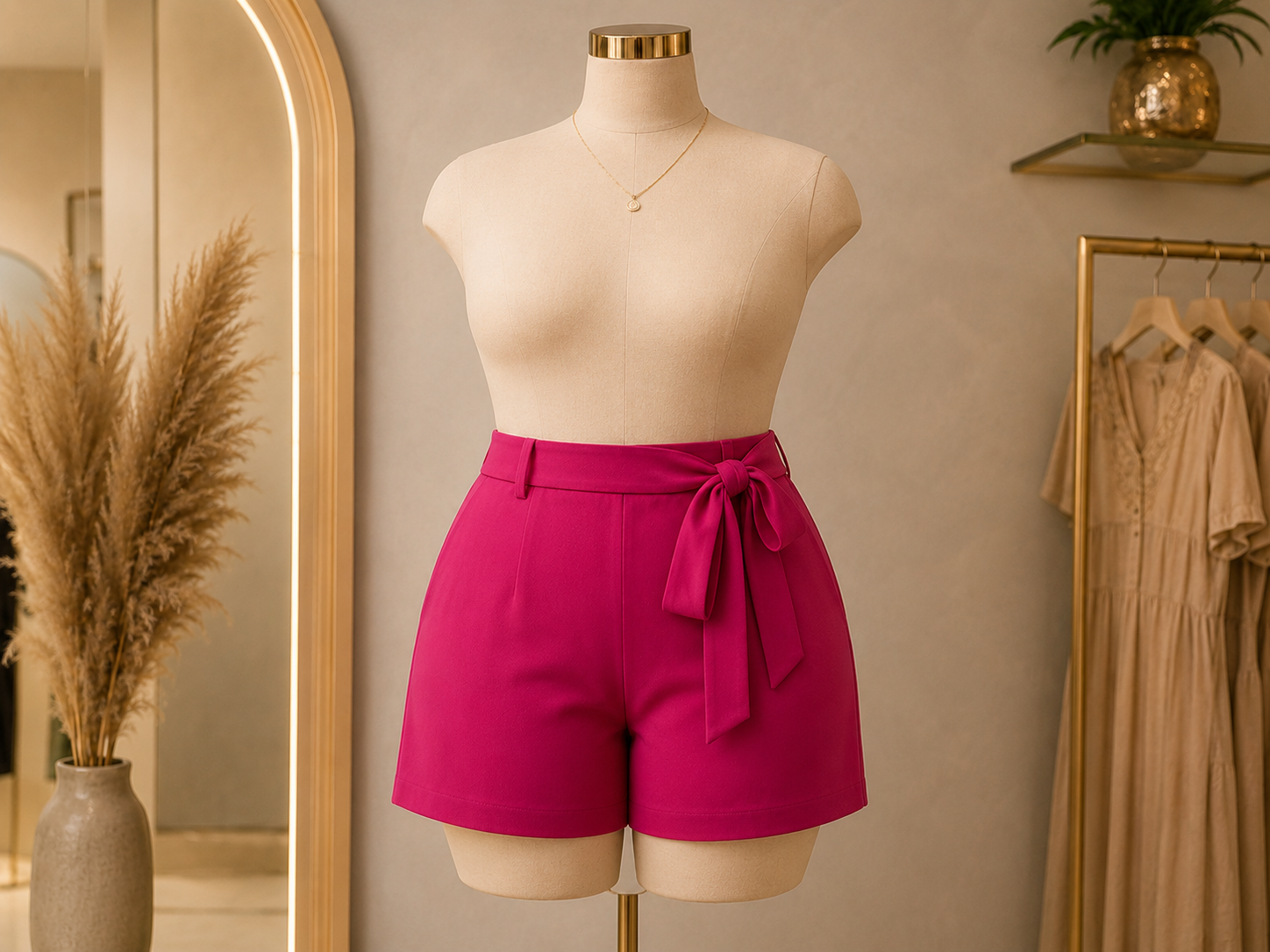 Shorts plus size feminino rosa exibido por inteiro em manequim