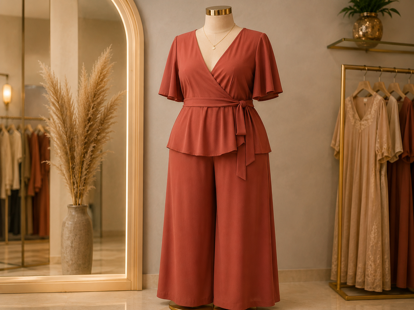 Conjunto plus size feminino terracota exibido por inteiro em manequim