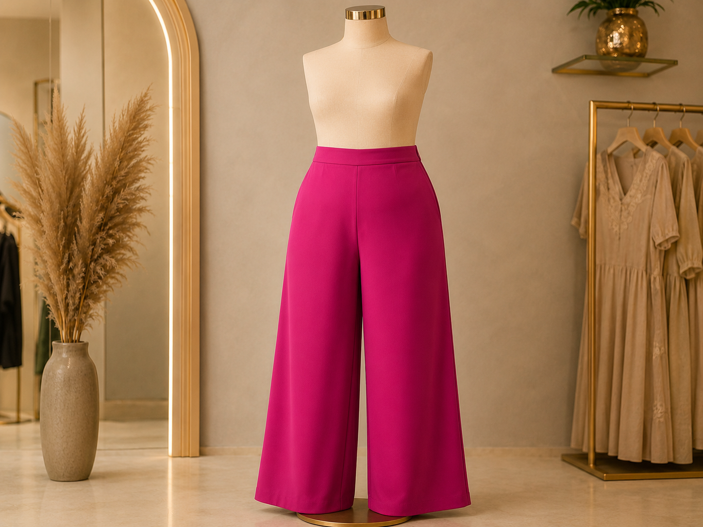 Calça pantalona plus size feminina rosa exibida por inteiro em manequim