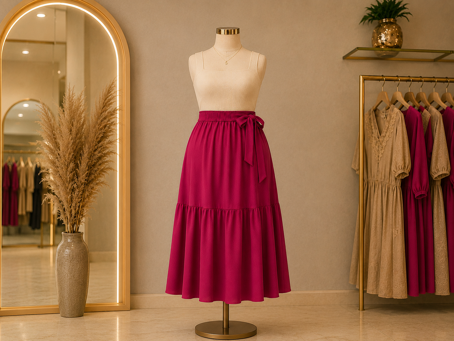Saia plus size feminina rosa exibida por inteiro em manequim