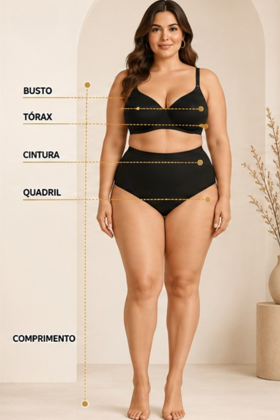 Mulher plus size com marcações visuais de busto, tórax, cintura, quadril e comprimento