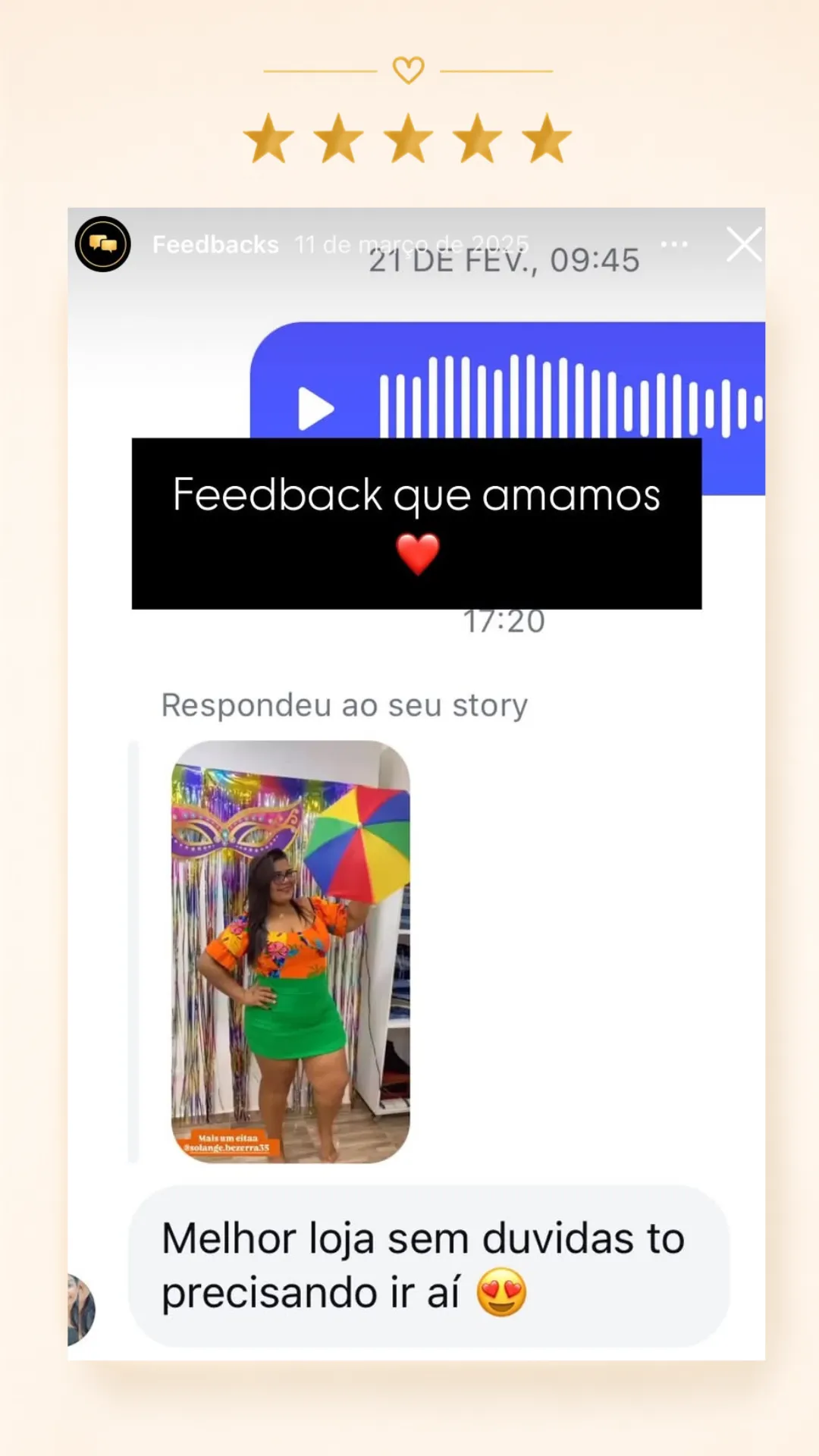 Avaliação positiva recebida pela Vânia Modas no Instagram
