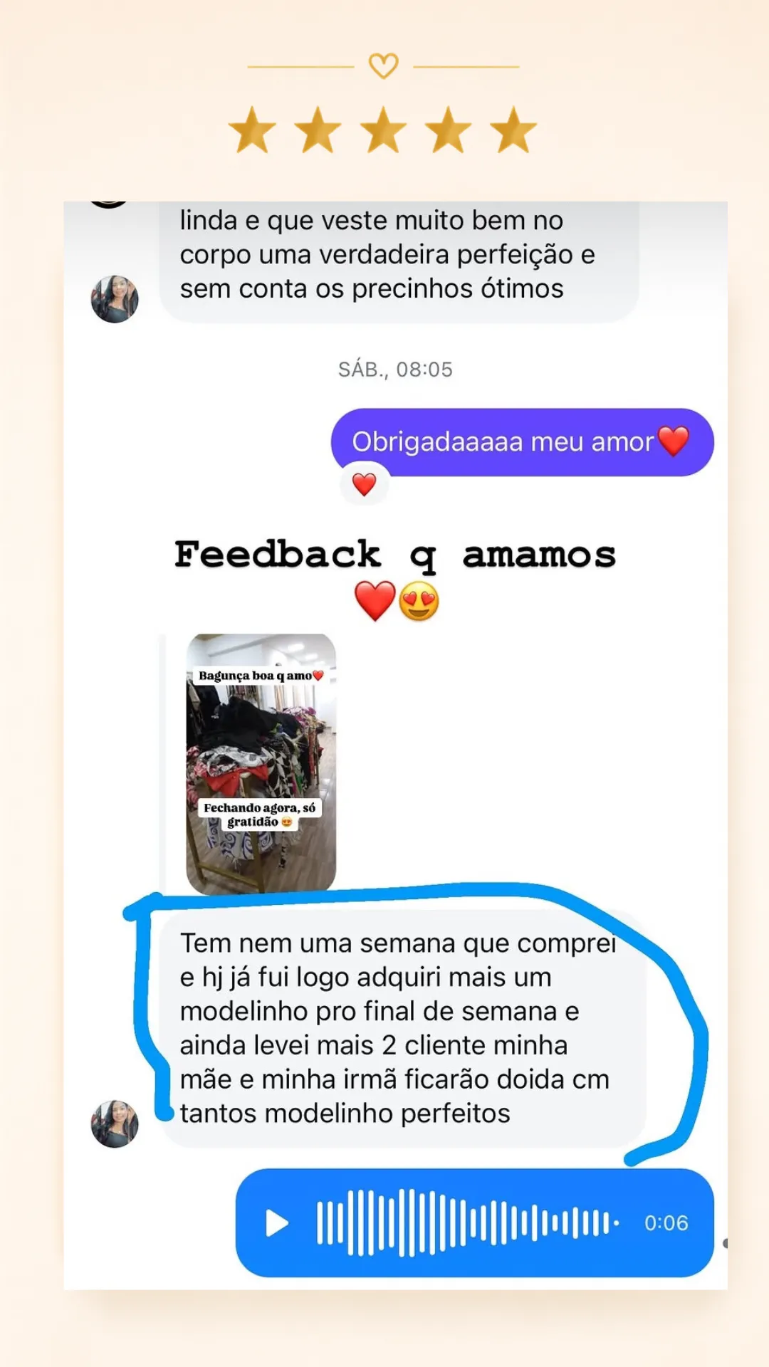 Avaliação positiva recebida pela Vânia Modas no Instagram